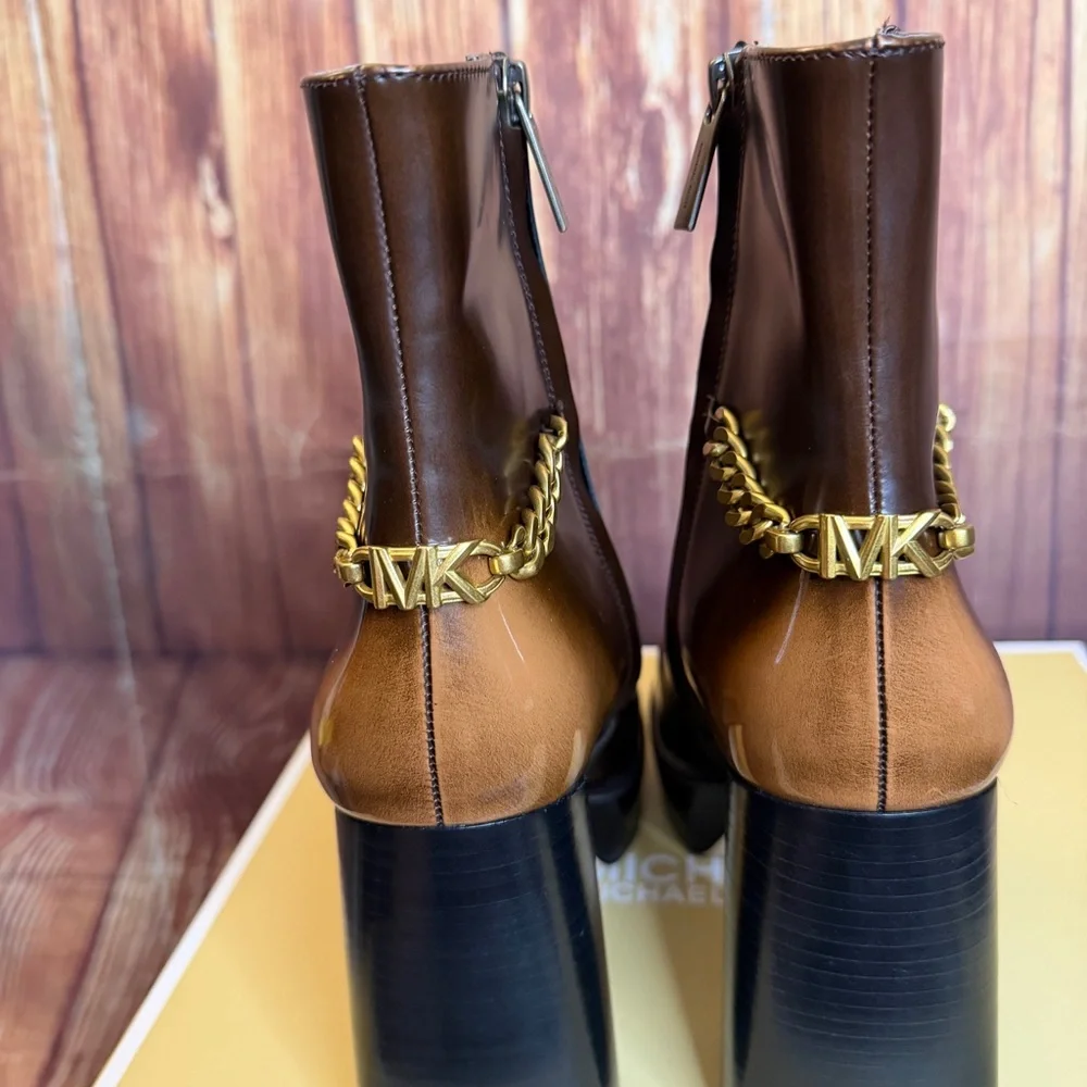 Michael Kors Carlisle Women’s Leather Chain Ankle Boots Platform Chunky Heel 8.5 - Picture 7 of 14